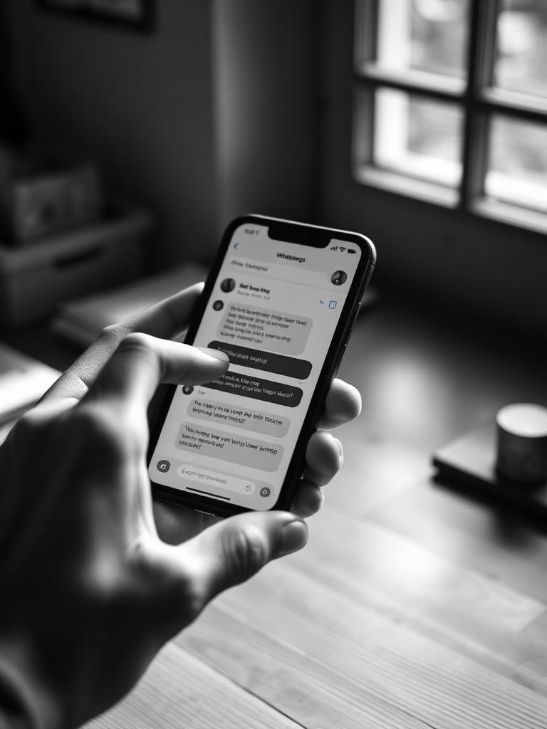 Mão segurando smartphone com conversa de WhatsApp