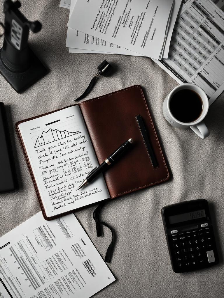 Caderno com anotações financeiras, calculadora e planilhas